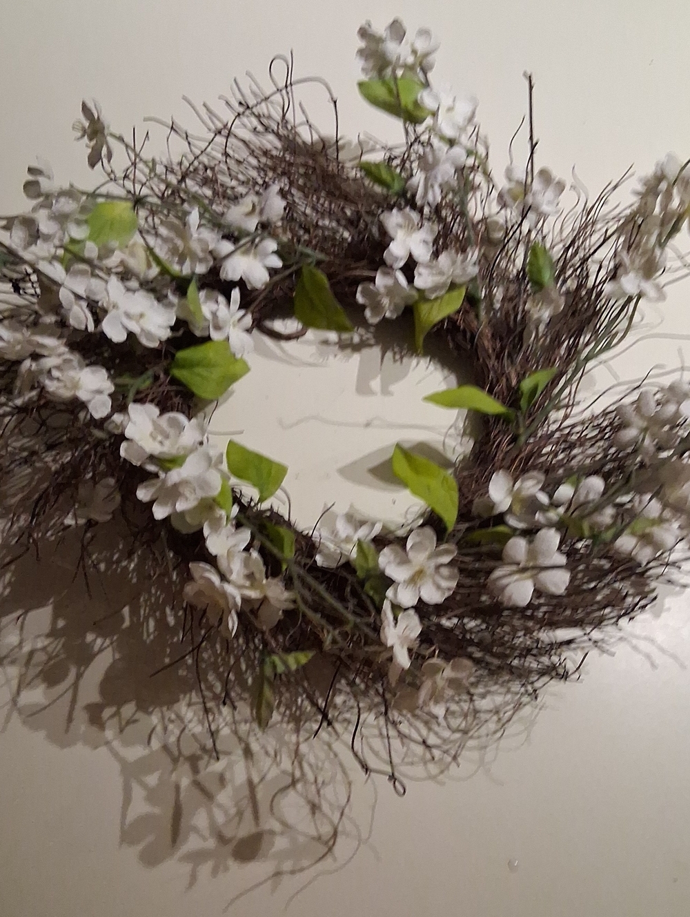 White Floral Spring Wreath with Green Leaves - Home Accents